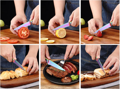 Utility Knife, 4 Inch Serrated Paring Knife with Super Sharp Rainbow High Carbon Stainless Steel Blade for Fruit Vegetable Cutting Peeling Slicing