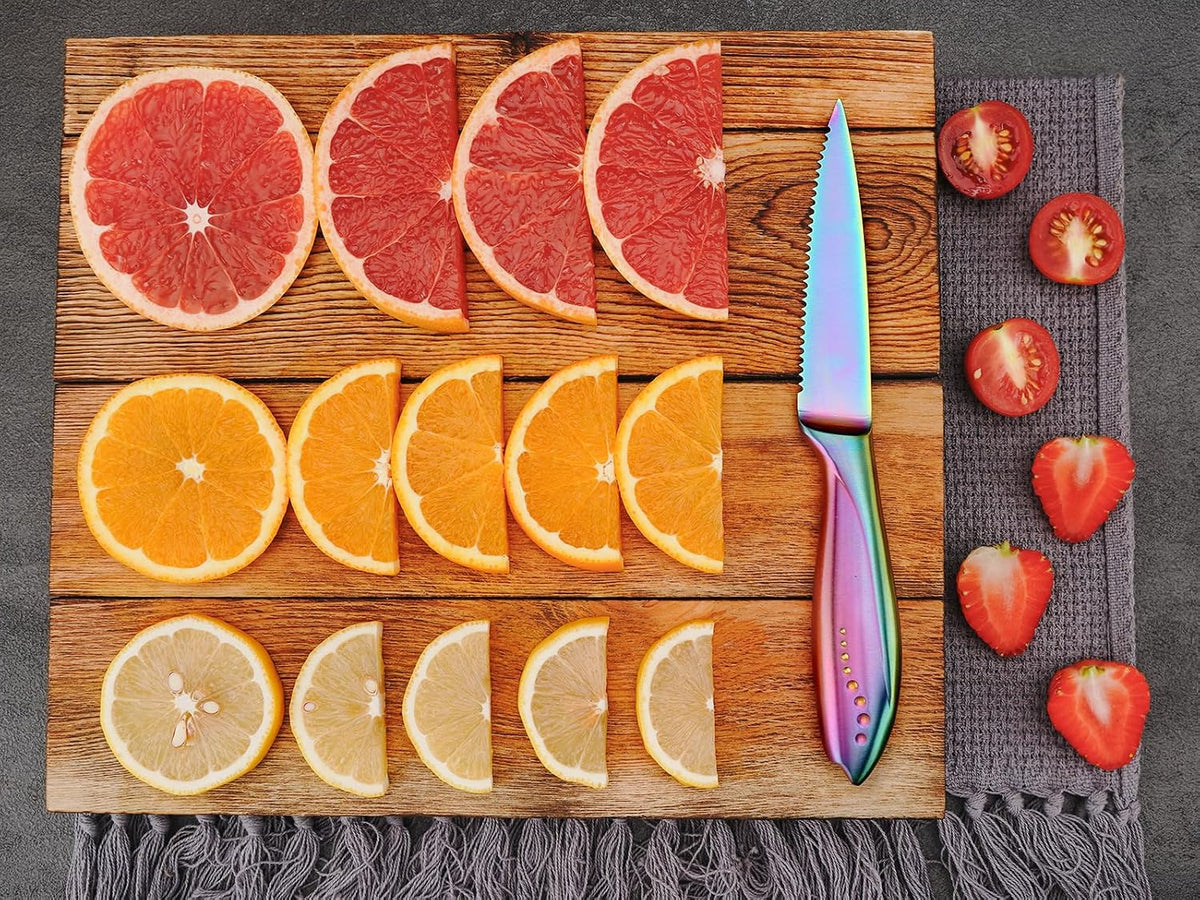 Utility Knife, 4 Inch Serrated Paring Knife with Super Sharp Rainbow High Carbon Stainless Steel Blade for Fruit Vegetable Cutting Peeling Slicing