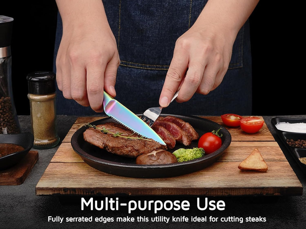 Utility Knife, 4 Inch Serrated Paring Knife with Super Sharp Rainbow High Carbon Stainless Steel Blade for Fruit Vegetable Cutting Peeling Slicing
