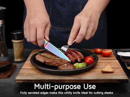 Utility Knife, 4 Inch Serrated Paring Knife with Super Sharp Rainbow High Carbon Stainless Steel Blade for Fruit Vegetable Cutting Peeling Slicing