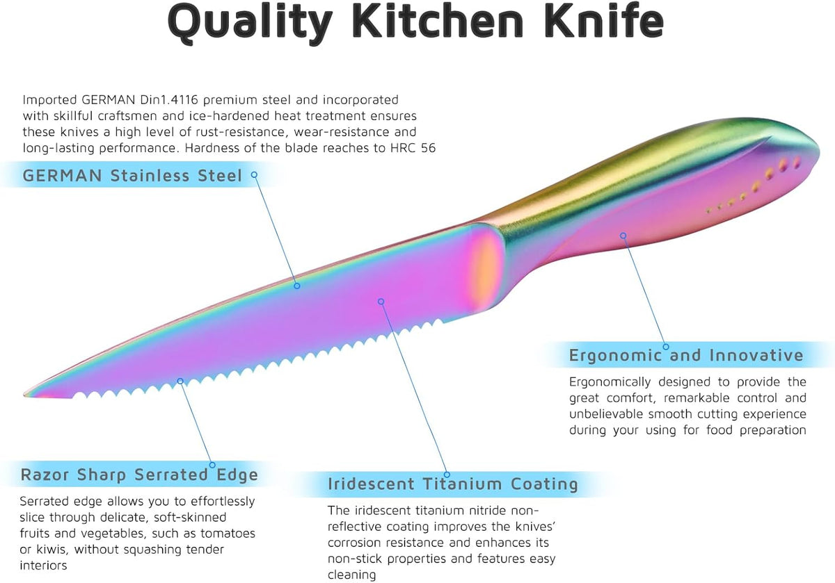 Utility Knife, 4 Inch Serrated Paring Knife with Super Sharp Rainbow High Carbon Stainless Steel Blade for Fruit Vegetable Cutting Peeling Slicing