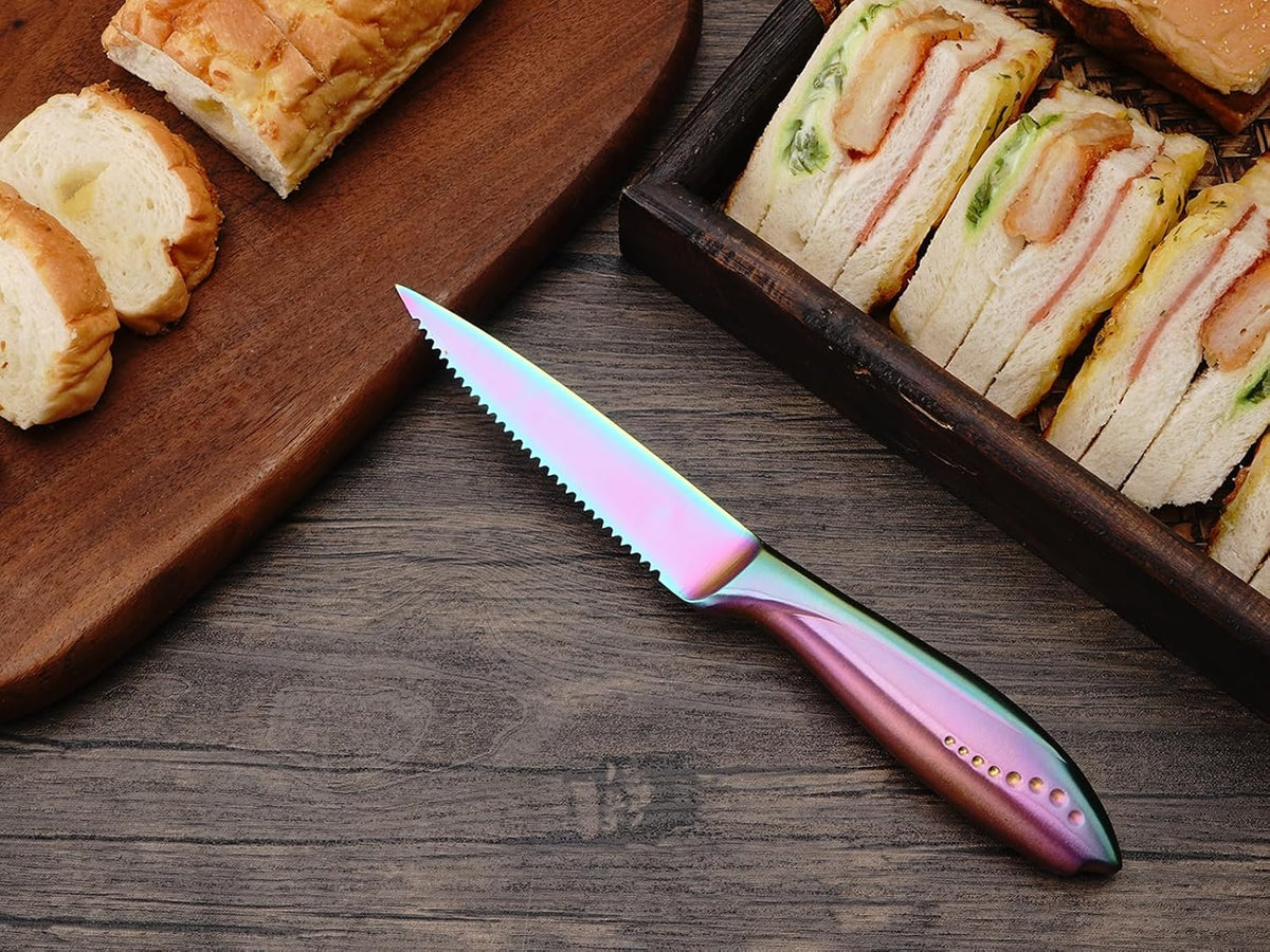 Utility Knife, 4 Inch Serrated Paring Knife with Super Sharp Rainbow High Carbon Stainless Steel Blade for Fruit Vegetable Cutting Peeling Slicing
