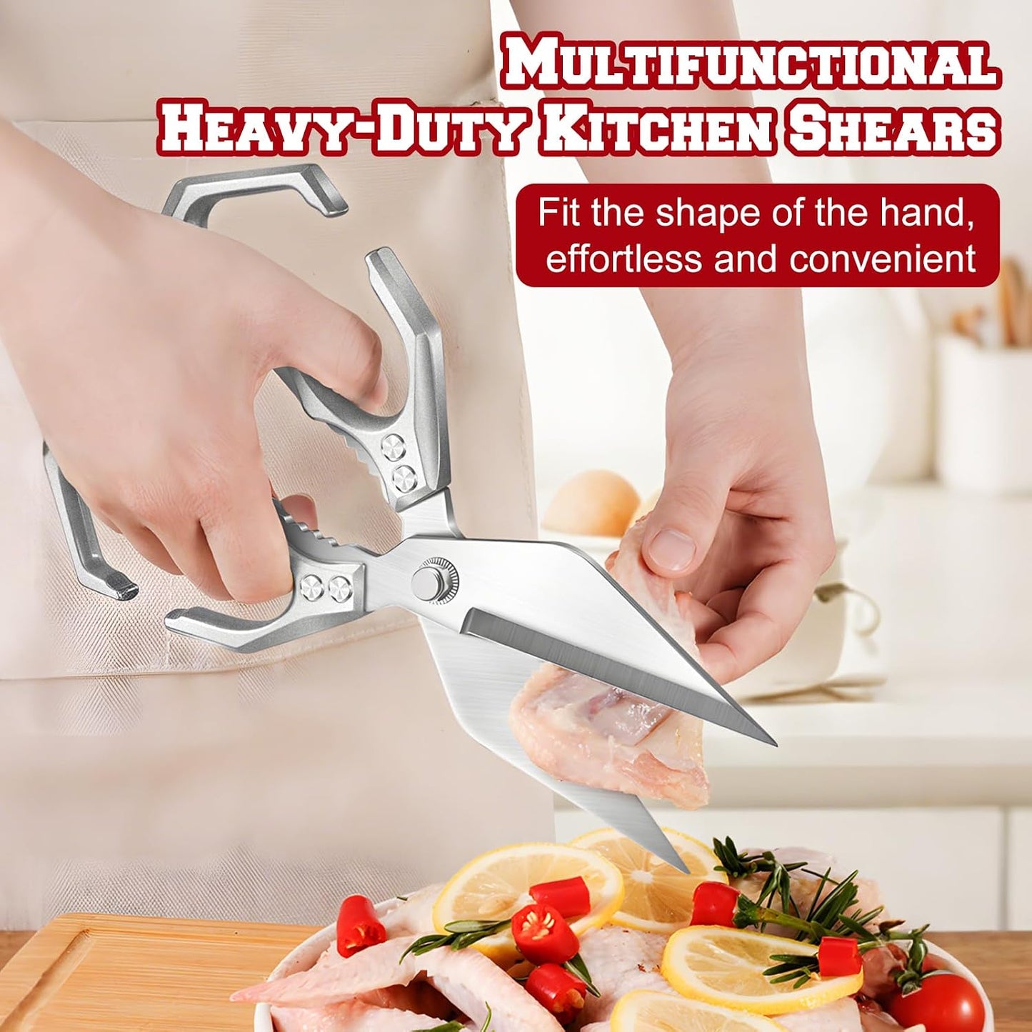 Multifunctional Heavy-Duty Kitchen Shears, High-Carbon Steel Culinary Shears, Heavy Duty Kitchen Scissors for Food with Ergonomic Handle for Chicken, Meat, Seafood (Sliver)