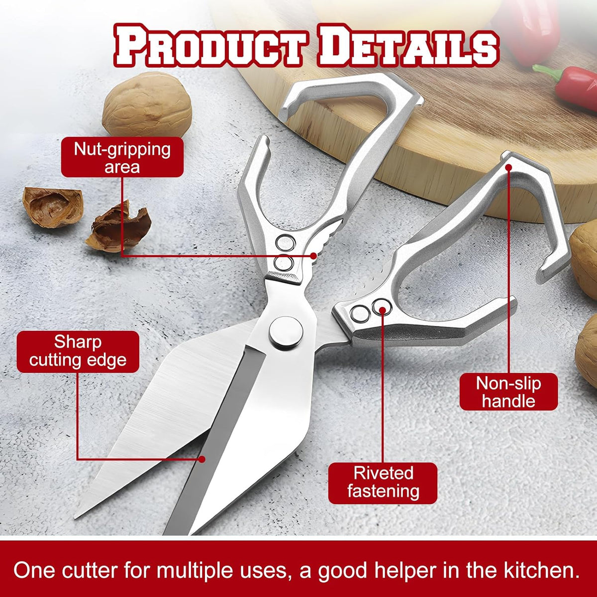 Multifunctional Heavy-Duty Kitchen Shears, High-Carbon Steel Culinary Shears, Heavy Duty Kitchen Scissors for Food with Ergonomic Handle for Chicken, Meat, Seafood (Sliver)