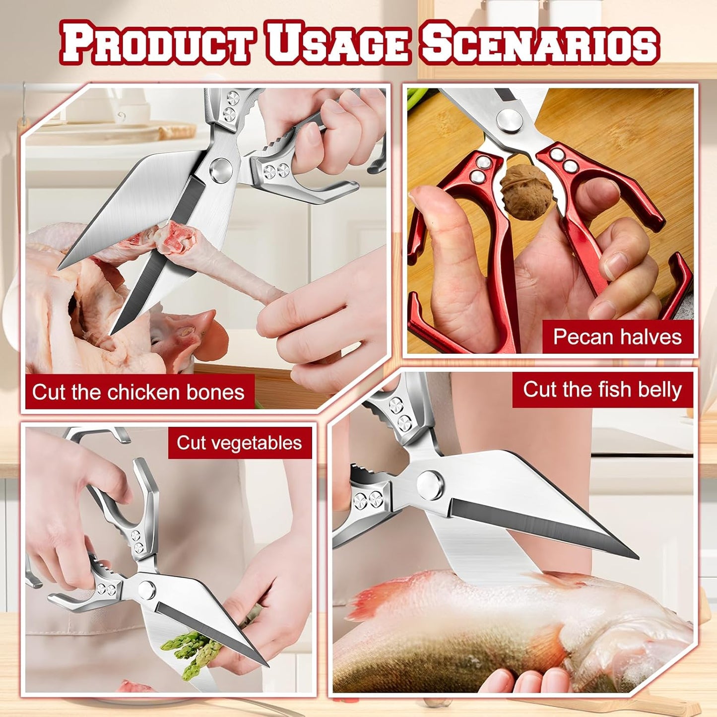 Multifunctional Heavy-Duty Kitchen Shears, High-Carbon Steel Culinary Shears, Heavy Duty Kitchen Scissors for Food with Ergonomic Handle for Chicken, Meat, Seafood (Sliver)