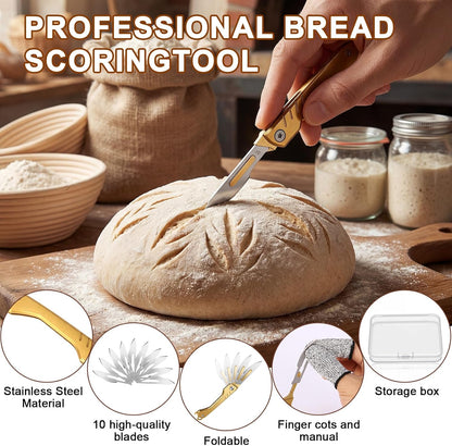 Bread Lame, Sourdough Scoring Tool with 10 Razor Blades - Folding & Extractable Bread Scorer Knife for Homemade Bread, Sourdough Slashing, Baking Tools Kit, Includes Protective Cover&Portable keychain