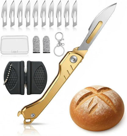 Bread Lame, Sourdough Scoring Tool with 10 Razor Blades - Folding & Extractable Bread Scorer Knife for Homemade Bread, Sourdough Slashing, Baking Tools Kit, Includes Protective Cover&Portable keychain