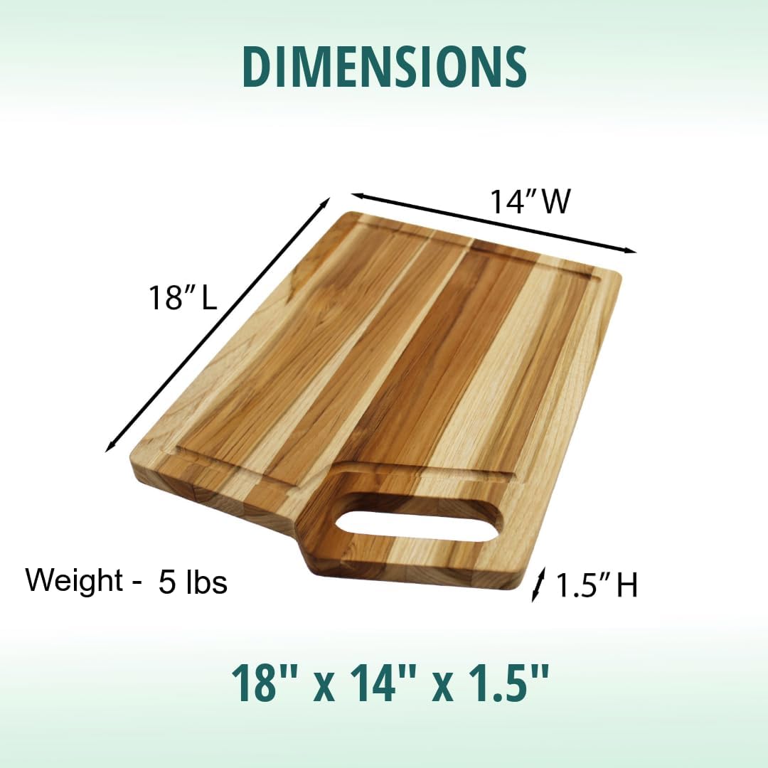 18"x14" Extra Large Teak Cutting Board, Edge Grain Wood with Juice Groove & Handle, FSC Certified for Kitchen, Carving & Butcher Block Prep