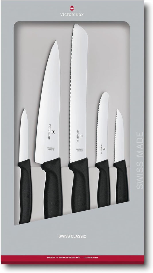 Swiss Classic Kitchen Set, 5 Pieces - Utility & Bread Knives | Durable ergonomic set with paring, carving, and bread knives. Made in Switzerland, dishwasher safe, and black handles.