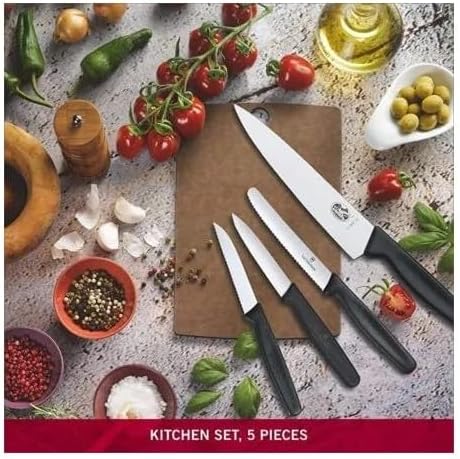Swiss Classic Kitchen Set, 5 Pieces - Utility & Bread Knives | Durable ergonomic set with paring, carving, and bread knives. Made in Switzerland, dishwasher safe, and black handles.