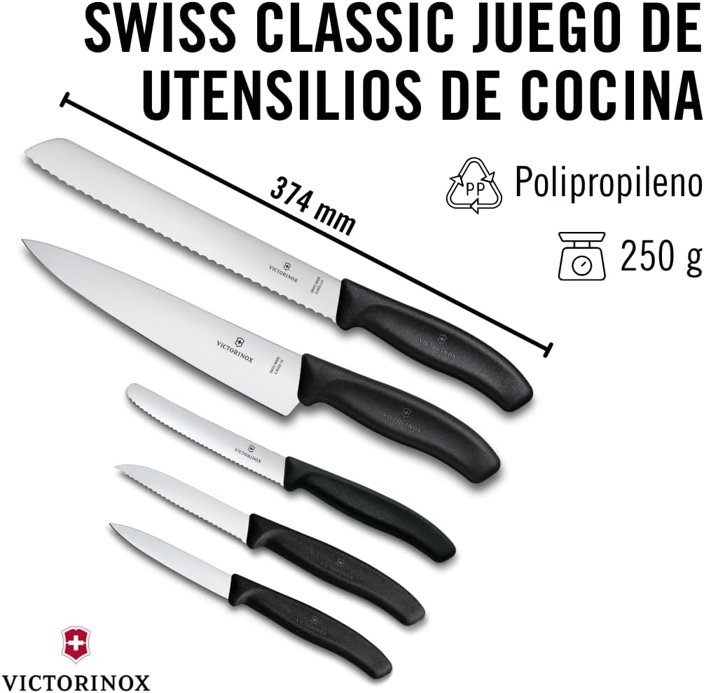 Swiss Classic Kitchen Set, 5 Pieces - Utility & Bread Knives | Durable ergonomic set with paring, carving, and bread knives. Made in Switzerland, dishwasher safe, and black handles.