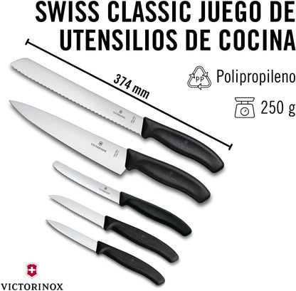 Swiss Classic Kitchen Set, 5 Pieces - Utility & Bread Knives | Durable ergonomic set with paring, carving, and bread knives. Made in Switzerland, dishwasher safe, and black handles.