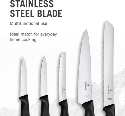 Swiss Classic Kitchen Set, 5 Pieces - Utility & Bread Knives | Durable ergonomic set with paring, carving, and bread knives. Made in Switzerland, dishwasher safe, and black handles.