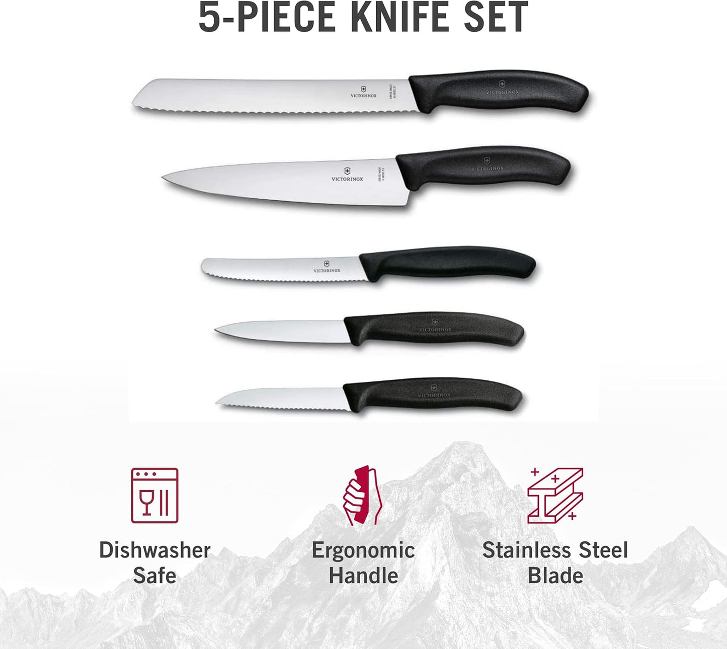 Swiss Classic Kitchen Set, 5 Pieces - Utility & Bread Knives | Durable ergonomic set with paring, carving, and bread knives. Made in Switzerland, dishwasher safe, and black handles.