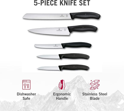 Swiss Classic Kitchen Set, 5 Pieces - Utility & Bread Knives | Durable ergonomic set with paring, carving, and bread knives. Made in Switzerland, dishwasher safe, and black handles.