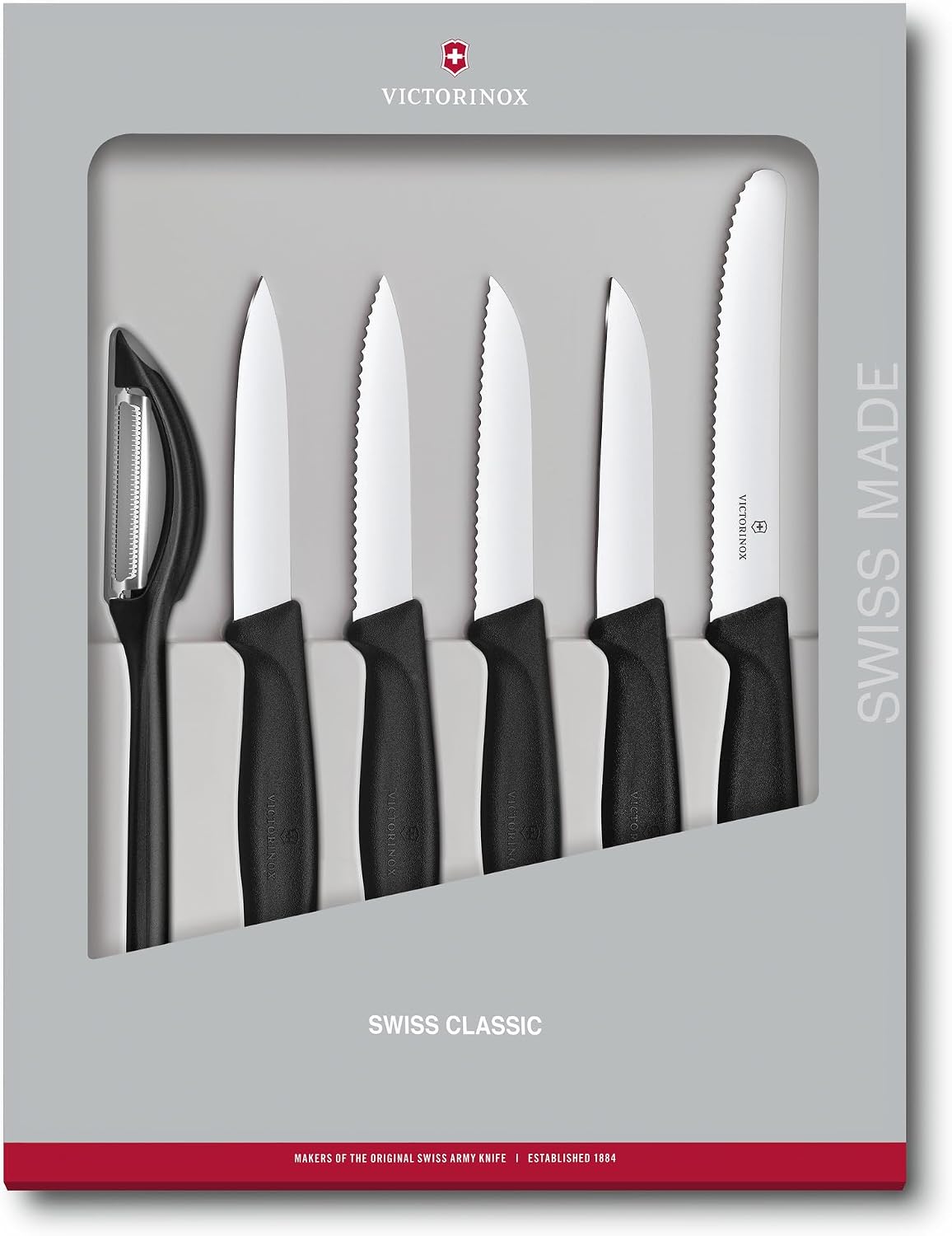 Swiss Classic Kitchen Set, 5 Pieces - Utility & Bread Knives | Durable ergonomic set with paring, carving, and bread knives. Made in Switzerland, dishwasher safe, and black handles.