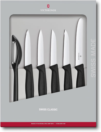 Swiss Classic Kitchen Set, 5 Pieces - Utility & Bread Knives | Durable ergonomic set with paring, carving, and bread knives. Made in Switzerland, dishwasher safe, and black handles.