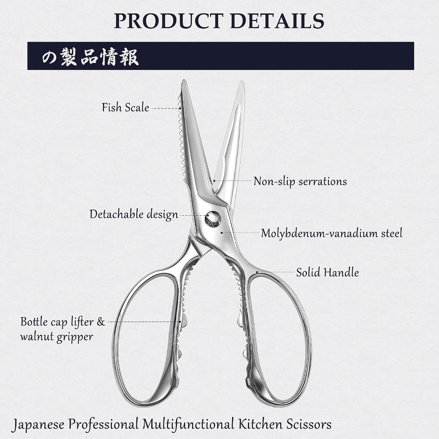 8.5 Inch Kitchen Scissors & Poultry Shears, Removable | 1.4116 Mo-V All Steel, Serrated Edge Design, Bottle & Can Opener, Magnetic Fridge Storage, Left & Right Hand Use