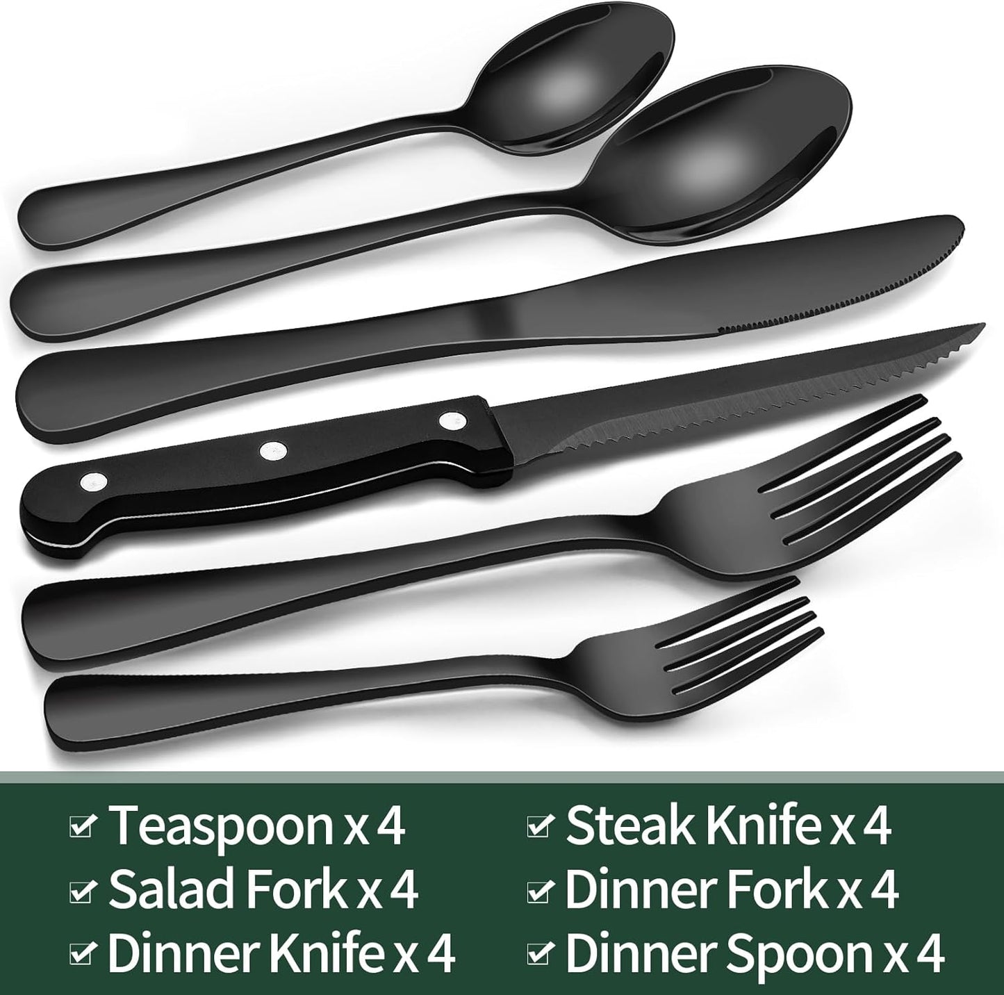 24-Piece Black Silverware Set with Steak Knives, Black Flatware Set for 4, Food-Grade Stainless Steel Tableware Cutlery Set, Mirror Finished Utensil Sets for Home Restaurant, Round Edge