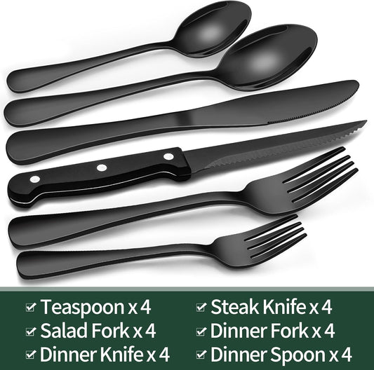 24-Piece Black Silverware Set with Steak Knives, Black Flatware Set for 4, Food-Grade Stainless Steel Tableware Cutlery Set, Mirror Finished Utensil Sets for Home Restaurant, Round Edge