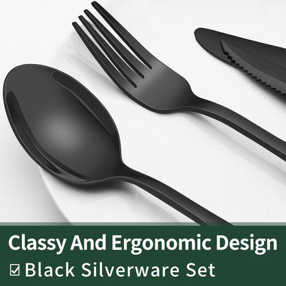 24-Piece Black Silverware Set with Steak Knives, Black Flatware Set for 4, Food-Grade Stainless Steel Tableware Cutlery Set, Mirror Finished Utensil Sets for Home Restaurant, Round Edge