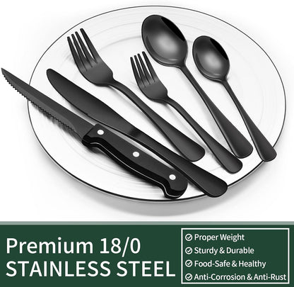 24-Piece Black Silverware Set with Steak Knives, Black Flatware Set for 4, Food-Grade Stainless Steel Tableware Cutlery Set, Mirror Finished Utensil Sets for Home Restaurant, Round Edge