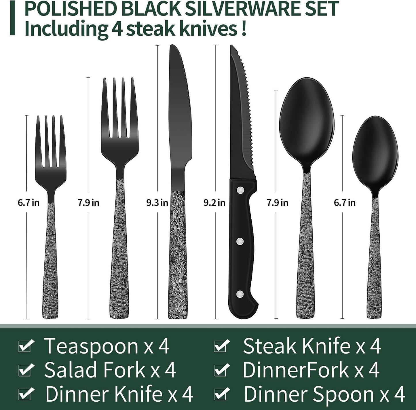 24-Piece Black Silverware Set with Steak Knives, Black Flatware Set for 4, Food-Grade Stainless Steel Tableware Cutlery Set, Mirror Finished Utensil Sets for Home Restaurant, Round Edge