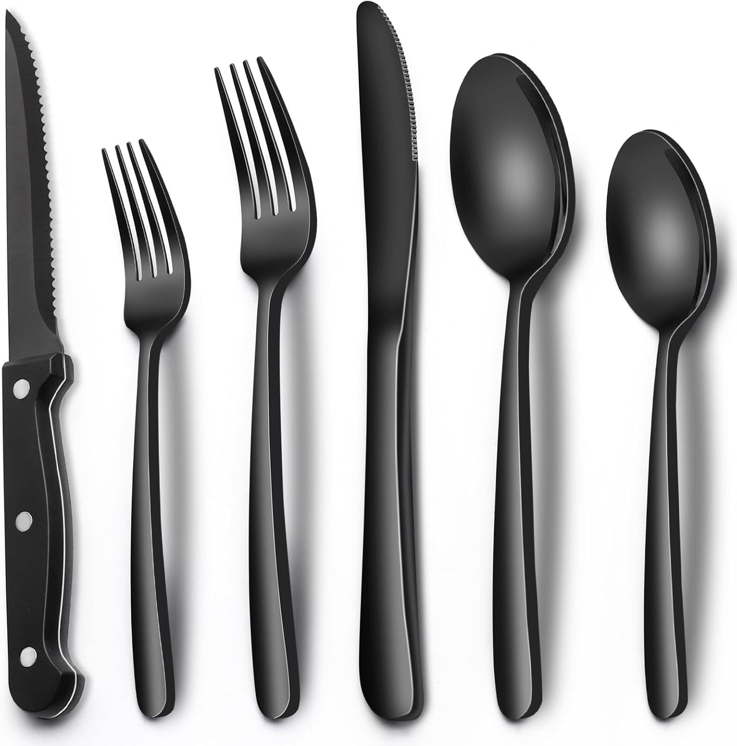 24-Piece Black Silverware Set with Steak Knives, Black Flatware Set for 4, Food-Grade Stainless Steel Tableware Cutlery Set, Mirror Finished Utensil Sets for Home Restaurant, Round Edge
