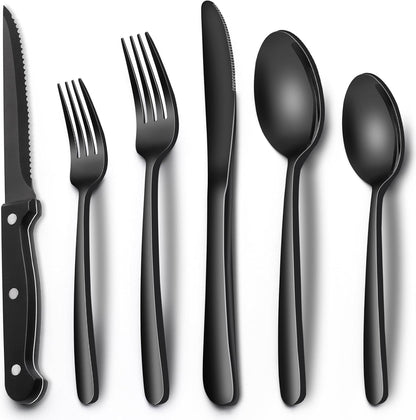 24-Piece Black Silverware Set with Steak Knives, Black Flatware Set for 4, Food-Grade Stainless Steel Tableware Cutlery Set, Mirror Finished Utensil Sets for Home Restaurant, Round Edge