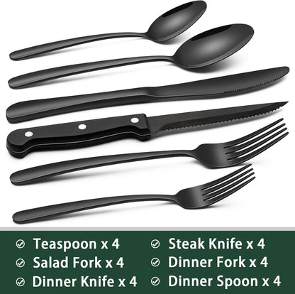 24-Piece Black Silverware Set with Steak Knives, Black Flatware Set for 4, Food-Grade Stainless Steel Tableware Cutlery Set, Mirror Finished Utensil Sets for Home Restaurant, Round Edge