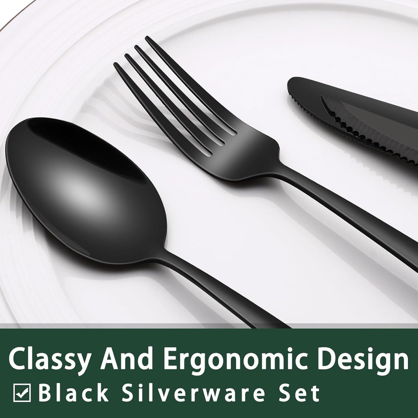 24-Piece Black Silverware Set with Steak Knives, Black Flatware Set for 4, Food-Grade Stainless Steel Tableware Cutlery Set, Mirror Finished Utensil Sets for Home Restaurant, Round Edge