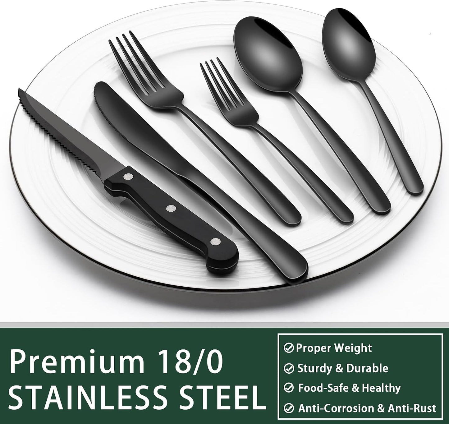 24-Piece Black Silverware Set with Steak Knives, Black Flatware Set for 4, Food-Grade Stainless Steel Tableware Cutlery Set, Mirror Finished Utensil Sets for Home Restaurant, Round Edge