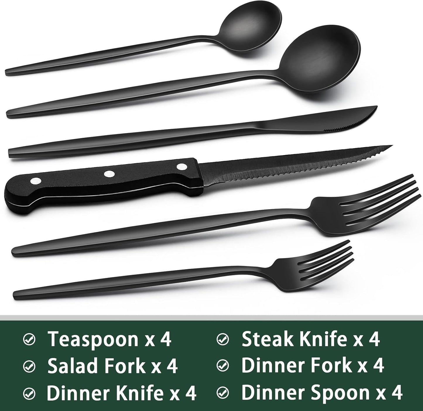 24-Piece Black Silverware Set with Steak Knives, Black Flatware Set for 4, Food-Grade Stainless Steel Tableware Cutlery Set, Mirror Finished Utensil Sets for Home Restaurant, Round Edge