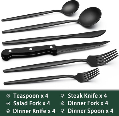 24-Piece Black Silverware Set with Steak Knives, Black Flatware Set for 4, Food-Grade Stainless Steel Tableware Cutlery Set, Mirror Finished Utensil Sets for Home Restaurant, Round Edge