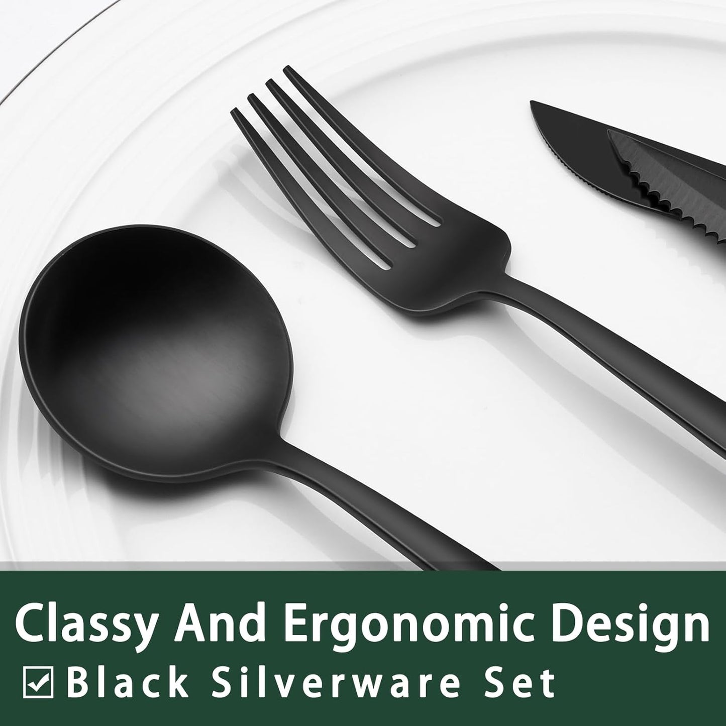 24-Piece Black Silverware Set with Steak Knives, Black Flatware Set for 4, Food-Grade Stainless Steel Tableware Cutlery Set, Mirror Finished Utensil Sets for Home Restaurant, Round Edge