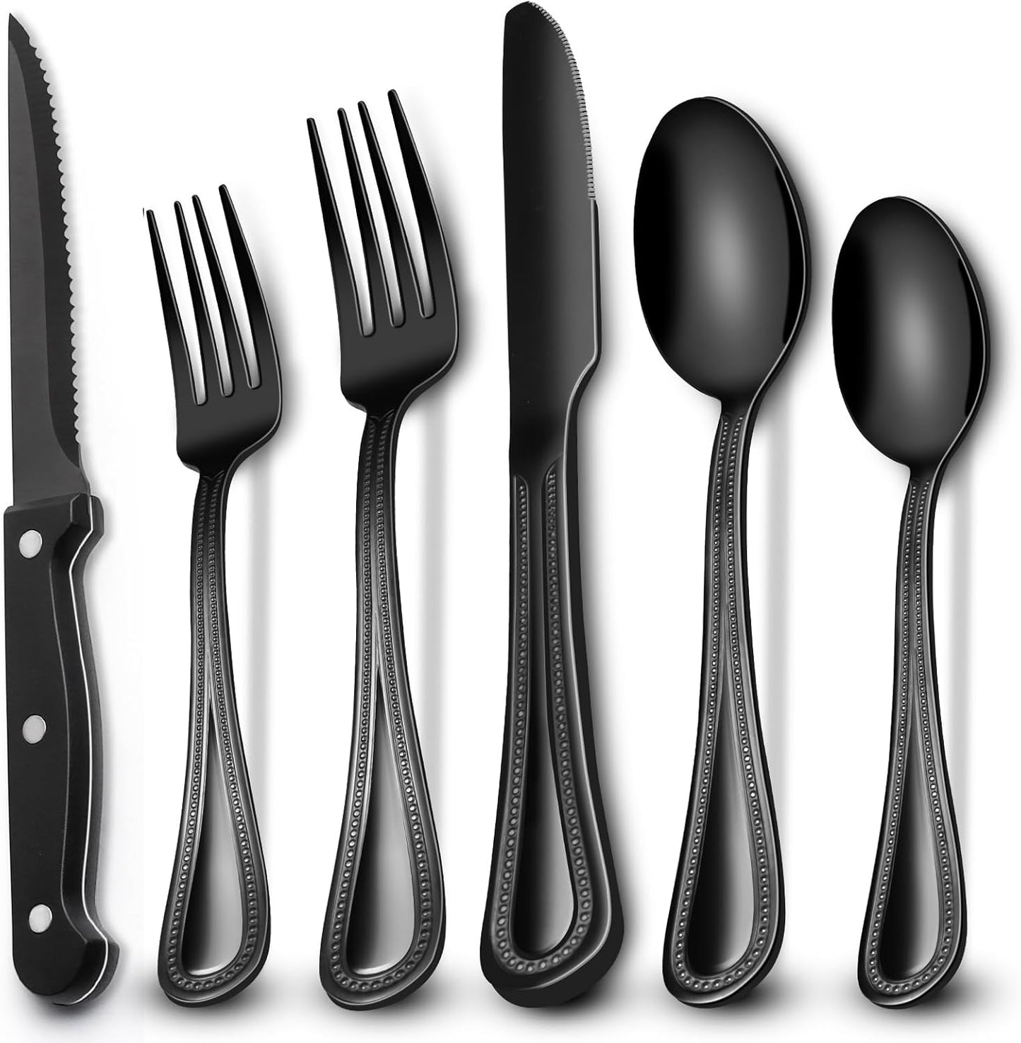 24-Piece Black Silverware Set with Steak Knives, Black Flatware Set for 4, Food-Grade Stainless Steel Tableware Cutlery Set, Mirror Finished Utensil Sets for Home Restaurant, Round Edge
