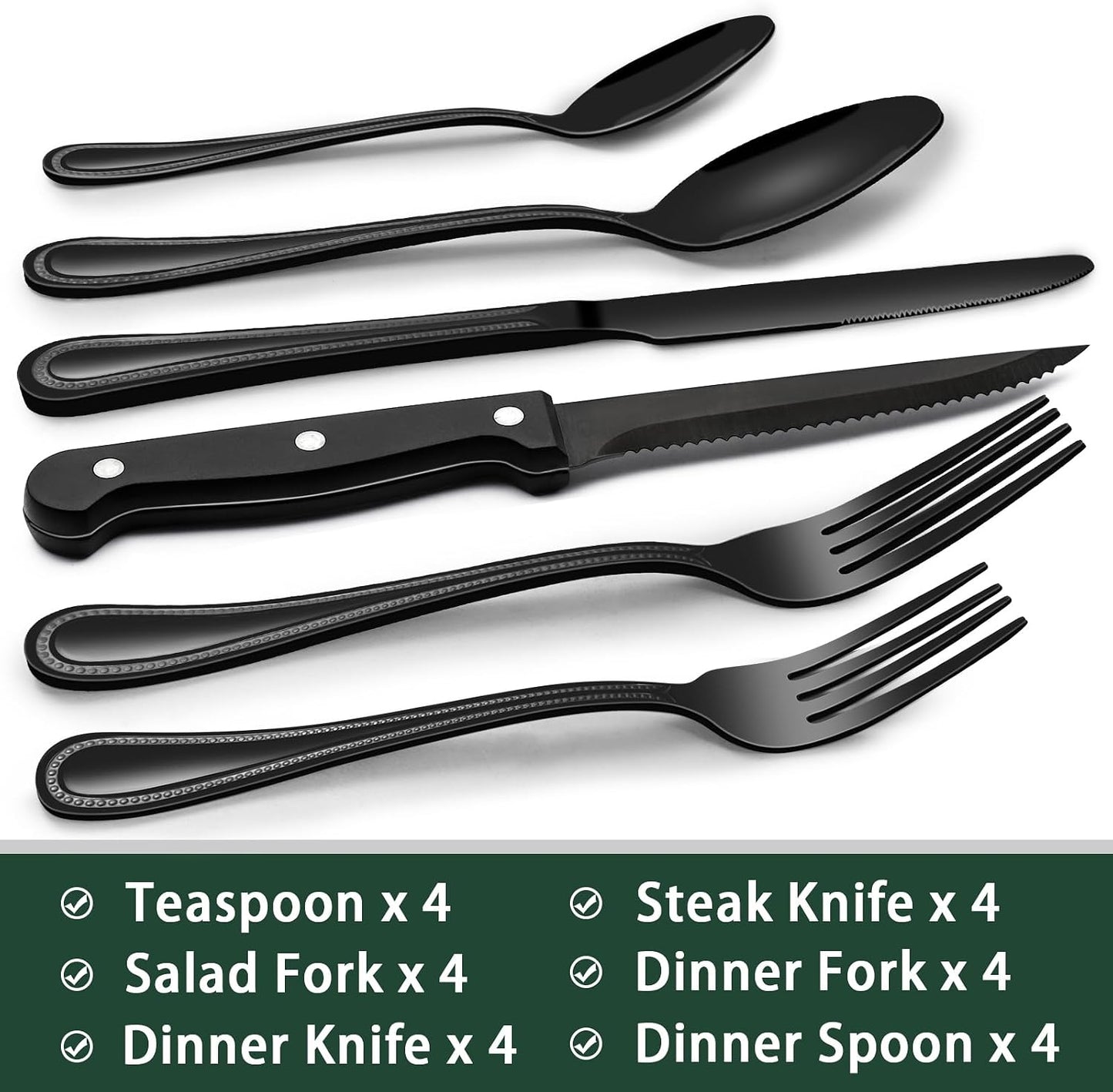 24-Piece Black Silverware Set with Steak Knives, Black Flatware Set for 4, Food-Grade Stainless Steel Tableware Cutlery Set, Mirror Finished Utensil Sets for Home Restaurant, Round Edge