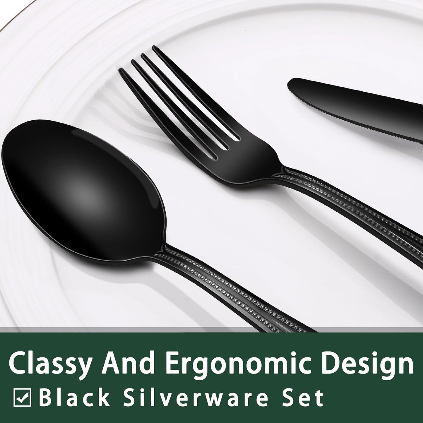 24-Piece Black Silverware Set with Steak Knives, Black Flatware Set for 4, Food-Grade Stainless Steel Tableware Cutlery Set, Mirror Finished Utensil Sets for Home Restaurant, Round Edge