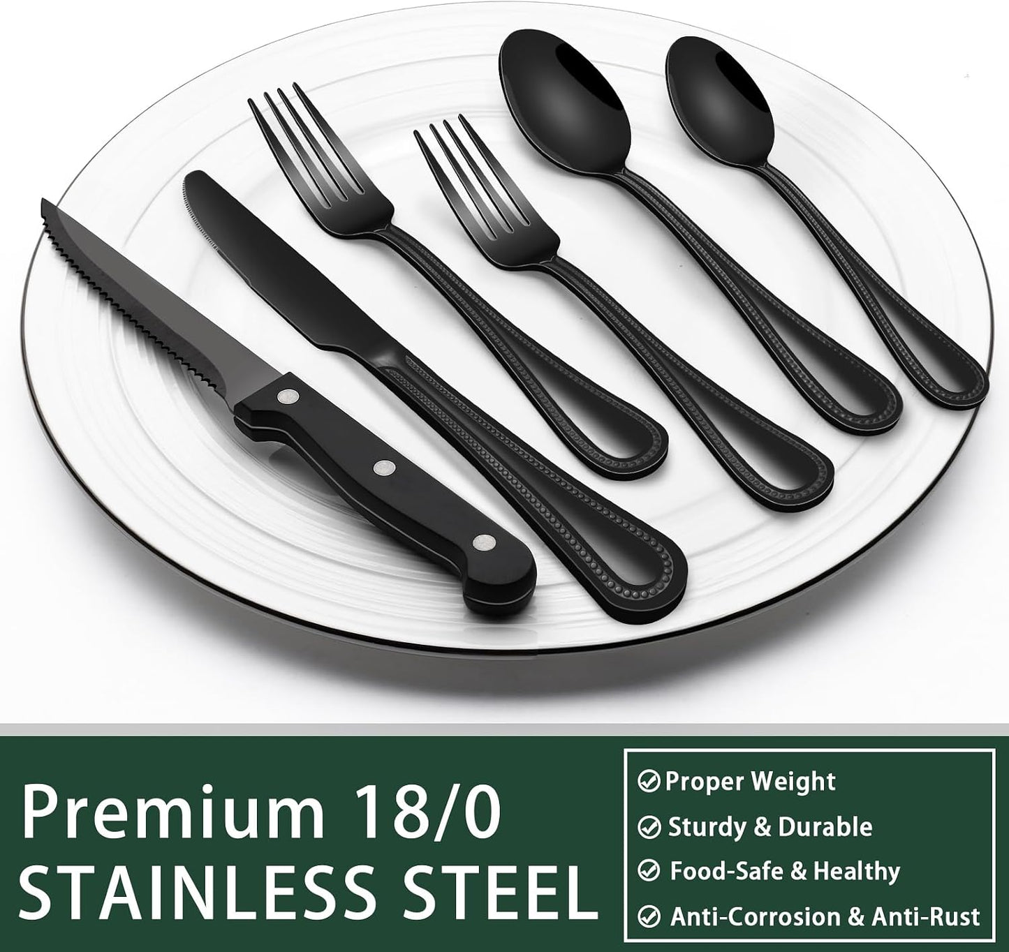 24-Piece Black Silverware Set with Steak Knives, Black Flatware Set for 4, Food-Grade Stainless Steel Tableware Cutlery Set, Mirror Finished Utensil Sets for Home Restaurant, Round Edge