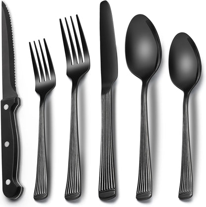 24-Piece Black Silverware Set with Steak Knives, Black Flatware Set for 4, Food-Grade Stainless Steel Tableware Cutlery Set, Mirror Finished Utensil Sets for Home Restaurant, Round Edge