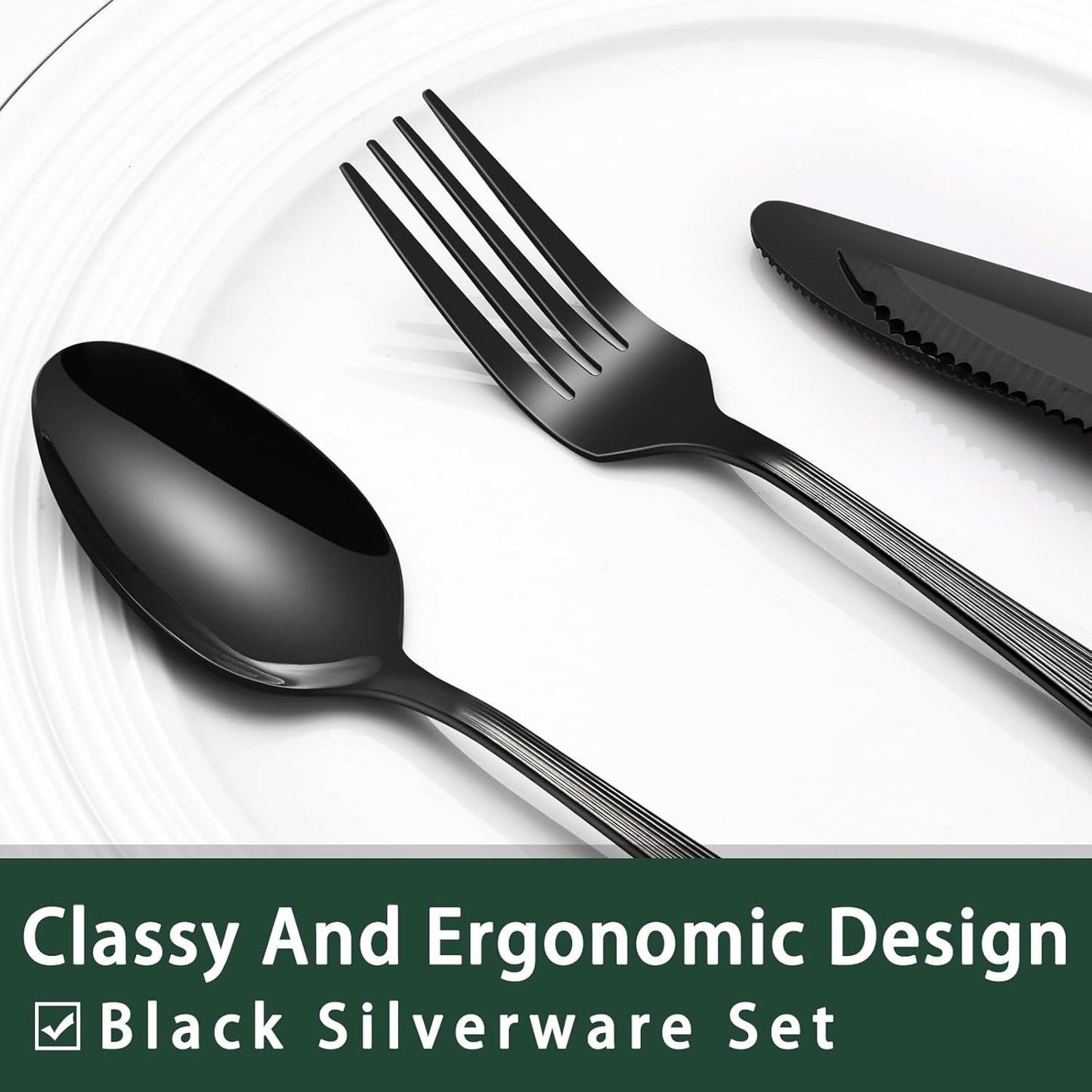24-Piece Black Silverware Set with Steak Knives, Black Flatware Set for 4, Food-Grade Stainless Steel Tableware Cutlery Set, Mirror Finished Utensil Sets for Home Restaurant, Round Edge