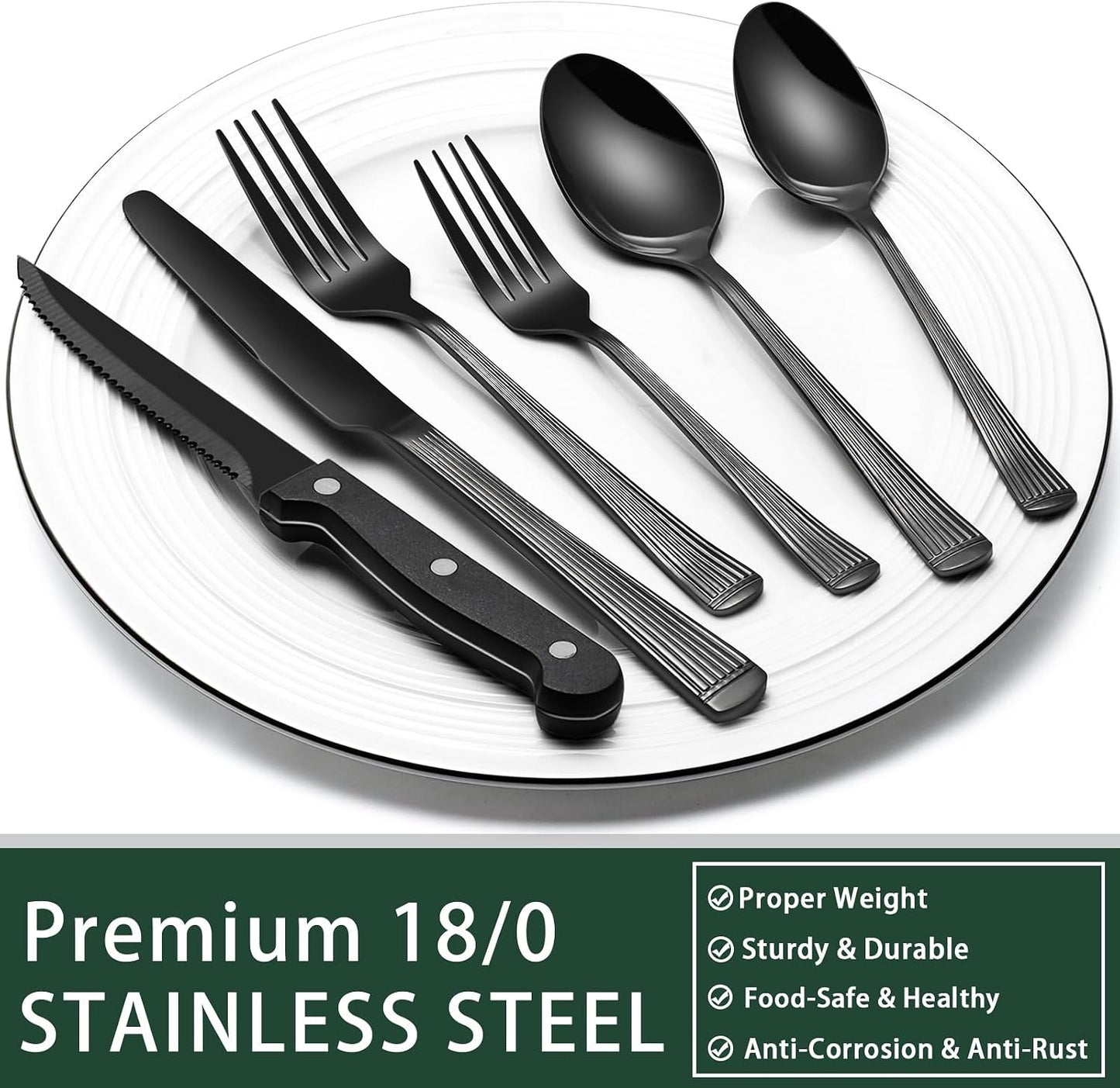 24-Piece Black Silverware Set with Steak Knives, Black Flatware Set for 4, Food-Grade Stainless Steel Tableware Cutlery Set, Mirror Finished Utensil Sets for Home Restaurant, Round Edge
