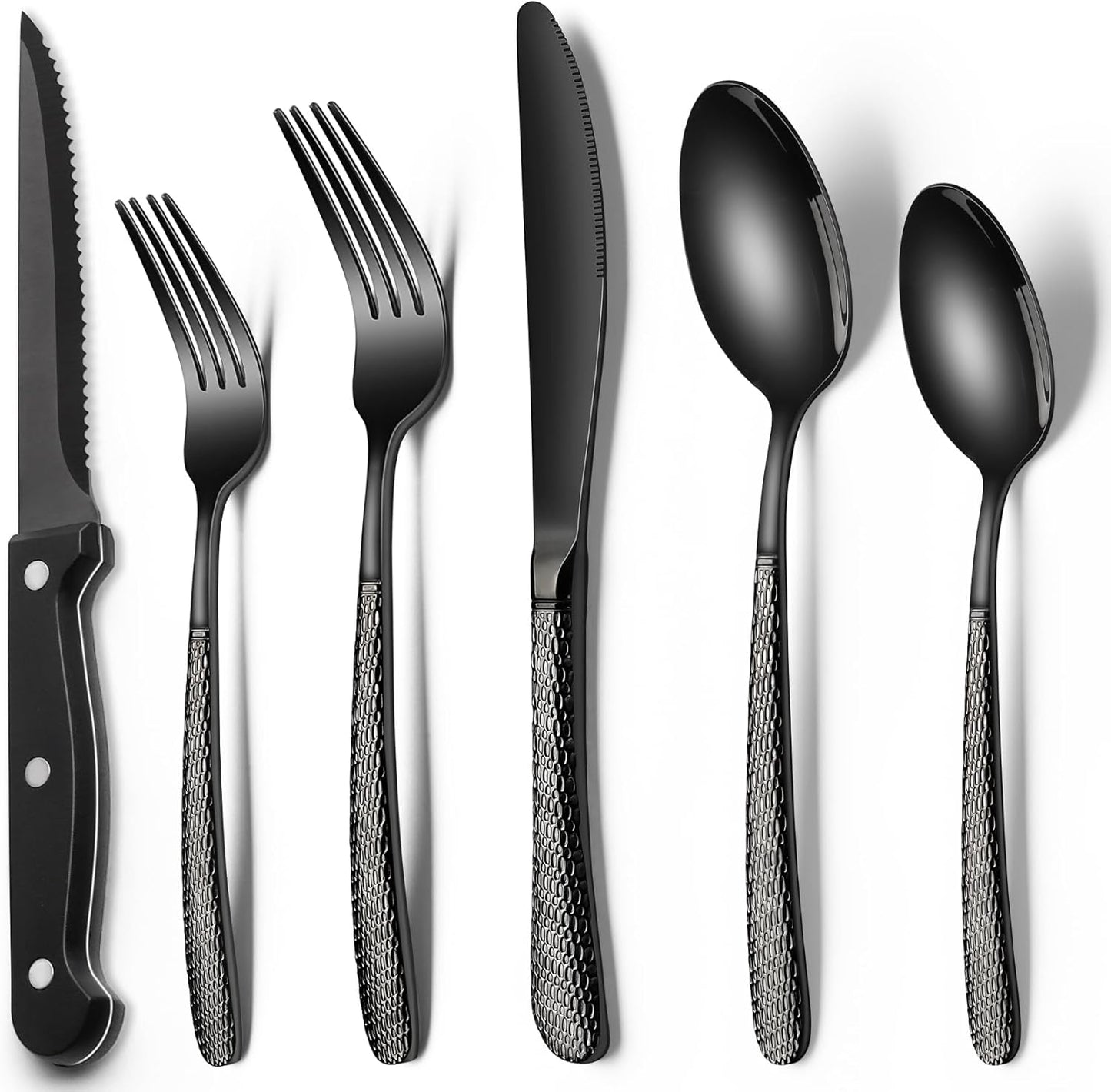 24-Piece Black Silverware Set with Steak Knives, Black Flatware Set for 4, Food-Grade Stainless Steel Tableware Cutlery Set, Mirror Finished Utensil Sets for Home Restaurant, Round Edge