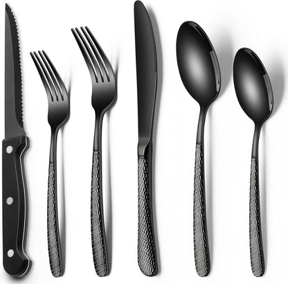 24-Piece Black Silverware Set with Steak Knives, Black Flatware Set for 4, Food-Grade Stainless Steel Tableware Cutlery Set, Mirror Finished Utensil Sets for Home Restaurant, Round Edge
