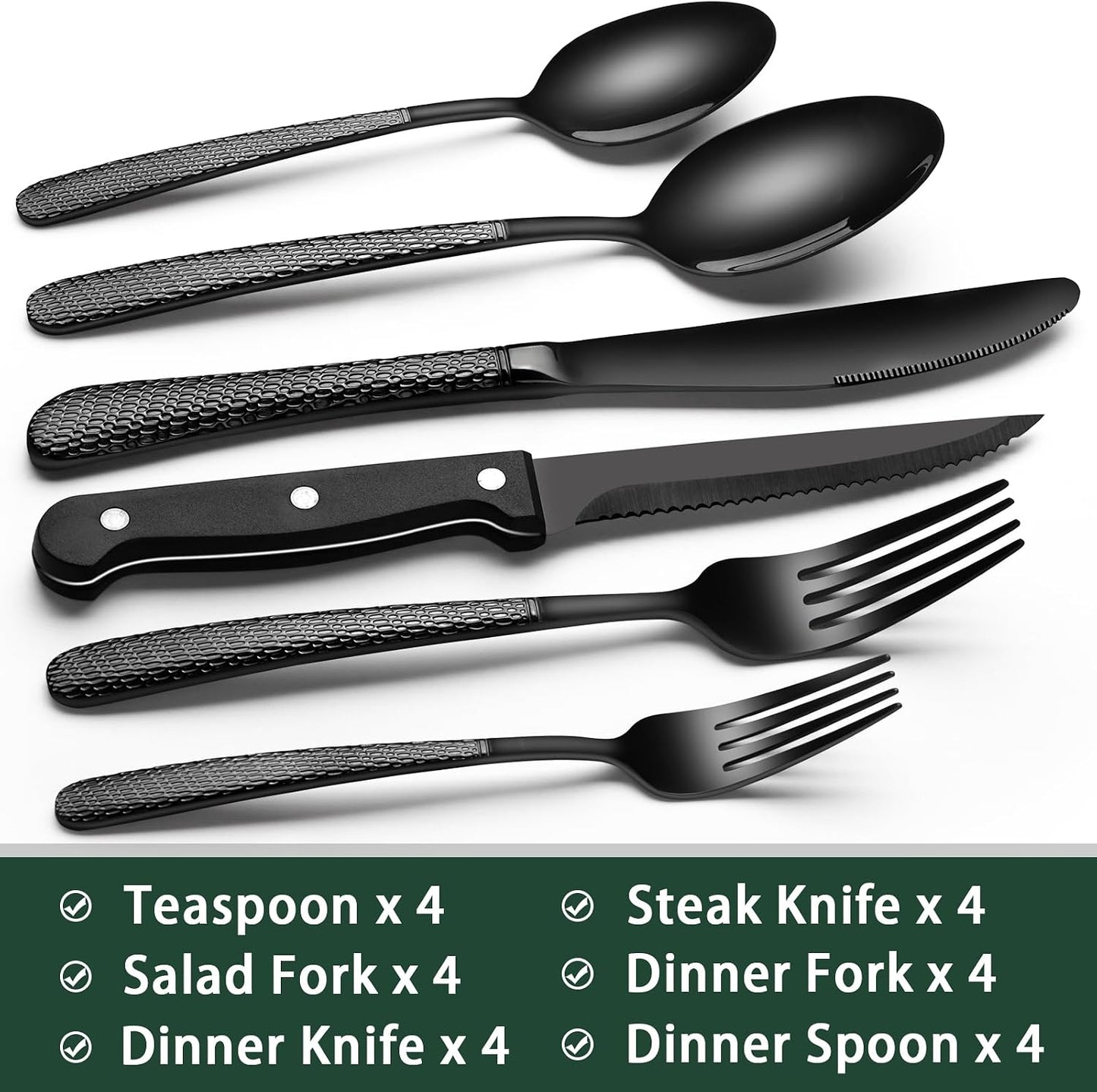 24-Piece Black Silverware Set with Steak Knives, Black Flatware Set for 4, Food-Grade Stainless Steel Tableware Cutlery Set, Mirror Finished Utensil Sets for Home Restaurant, Round Edge