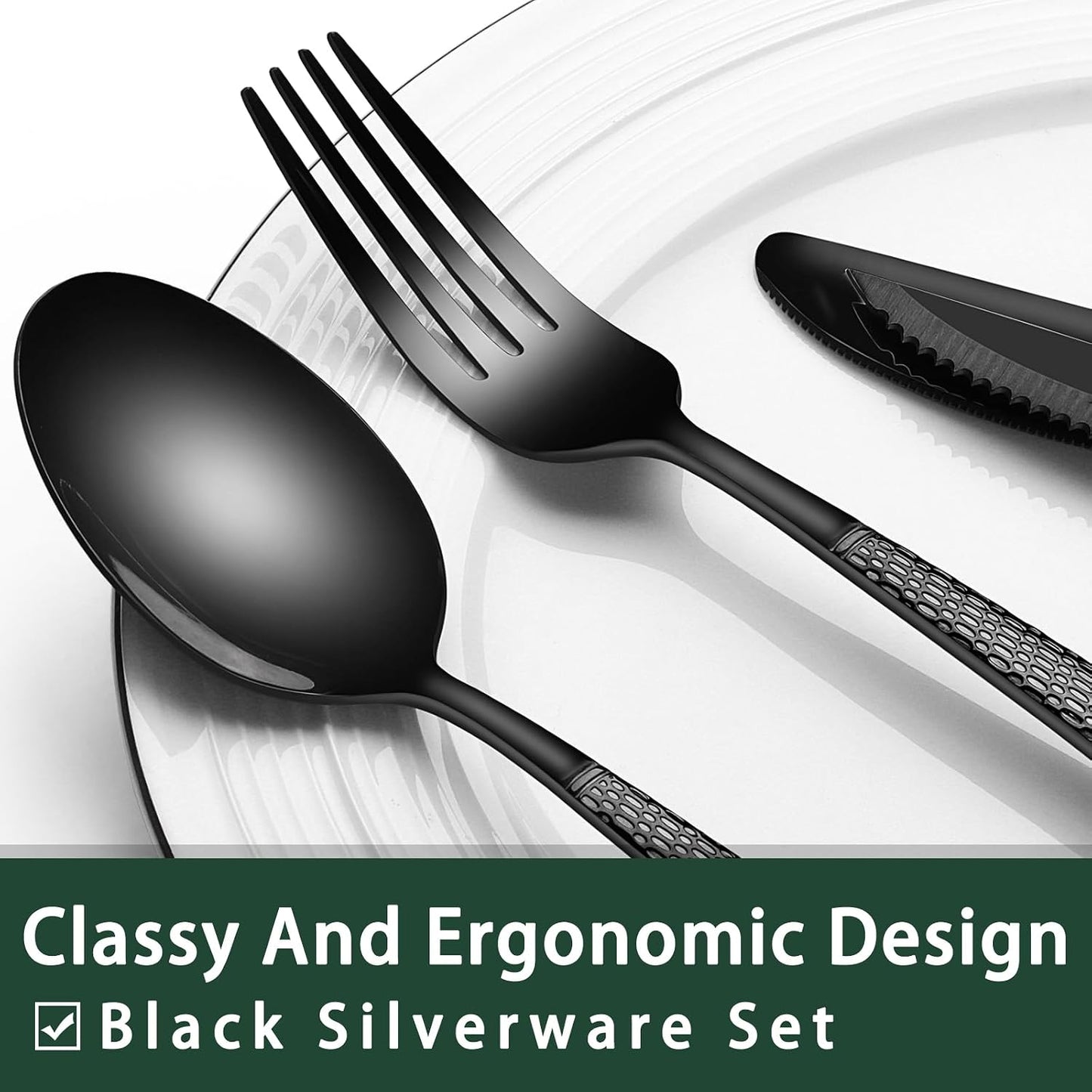 24-Piece Black Silverware Set with Steak Knives, Black Flatware Set for 4, Food-Grade Stainless Steel Tableware Cutlery Set, Mirror Finished Utensil Sets for Home Restaurant, Round Edge