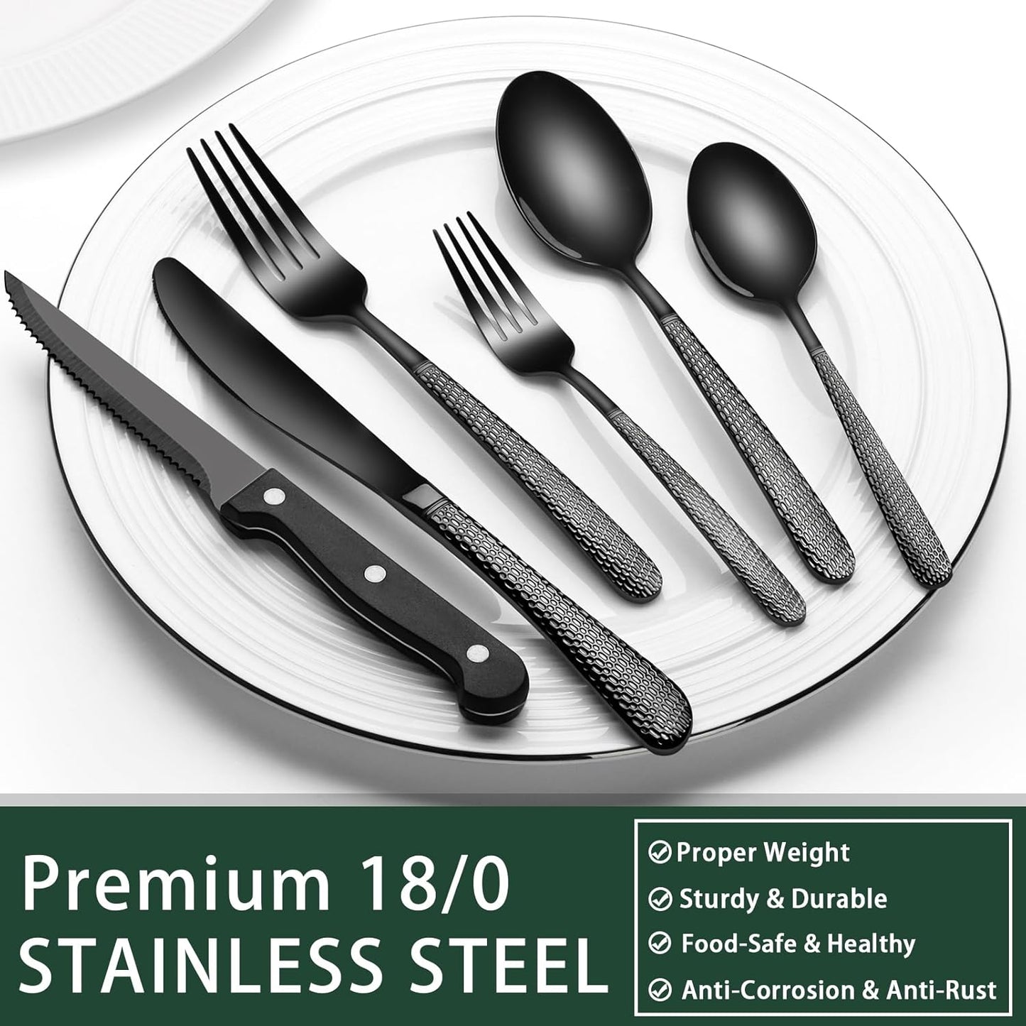 24-Piece Black Silverware Set with Steak Knives, Black Flatware Set for 4, Food-Grade Stainless Steel Tableware Cutlery Set, Mirror Finished Utensil Sets for Home Restaurant, Round Edge
