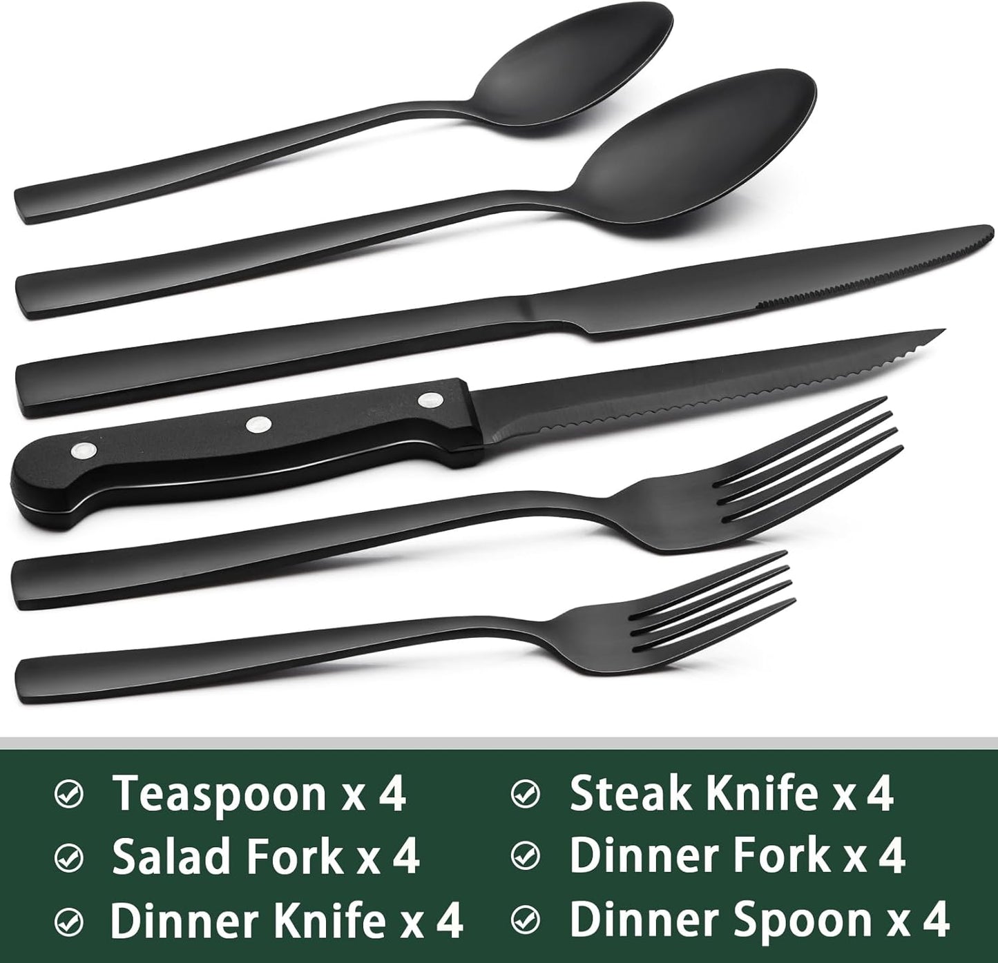 24-Piece Black Silverware Set with Steak Knives, Black Flatware Set for 4, Food-Grade Stainless Steel Tableware Cutlery Set, Mirror Finished Utensil Sets for Home Restaurant, Round Edge
