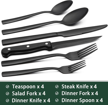 24-Piece Black Silverware Set with Steak Knives, Black Flatware Set for 4, Food-Grade Stainless Steel Tableware Cutlery Set, Mirror Finished Utensil Sets for Home Restaurant, Round Edge