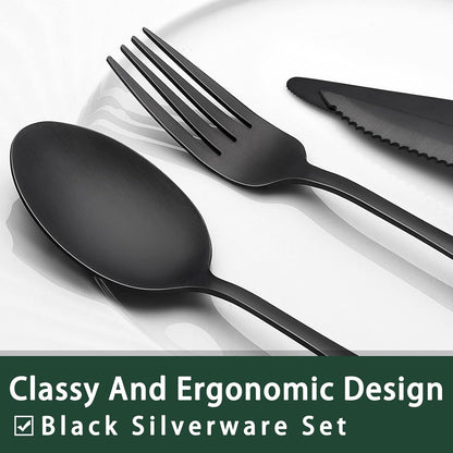 24-Piece Black Silverware Set with Steak Knives, Black Flatware Set for 4, Food-Grade Stainless Steel Tableware Cutlery Set, Mirror Finished Utensil Sets for Home Restaurant, Round Edge